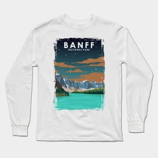 Banff National Park Vintage Minimal Retro Travel Poster at Night Long Sleeve T-Shirt